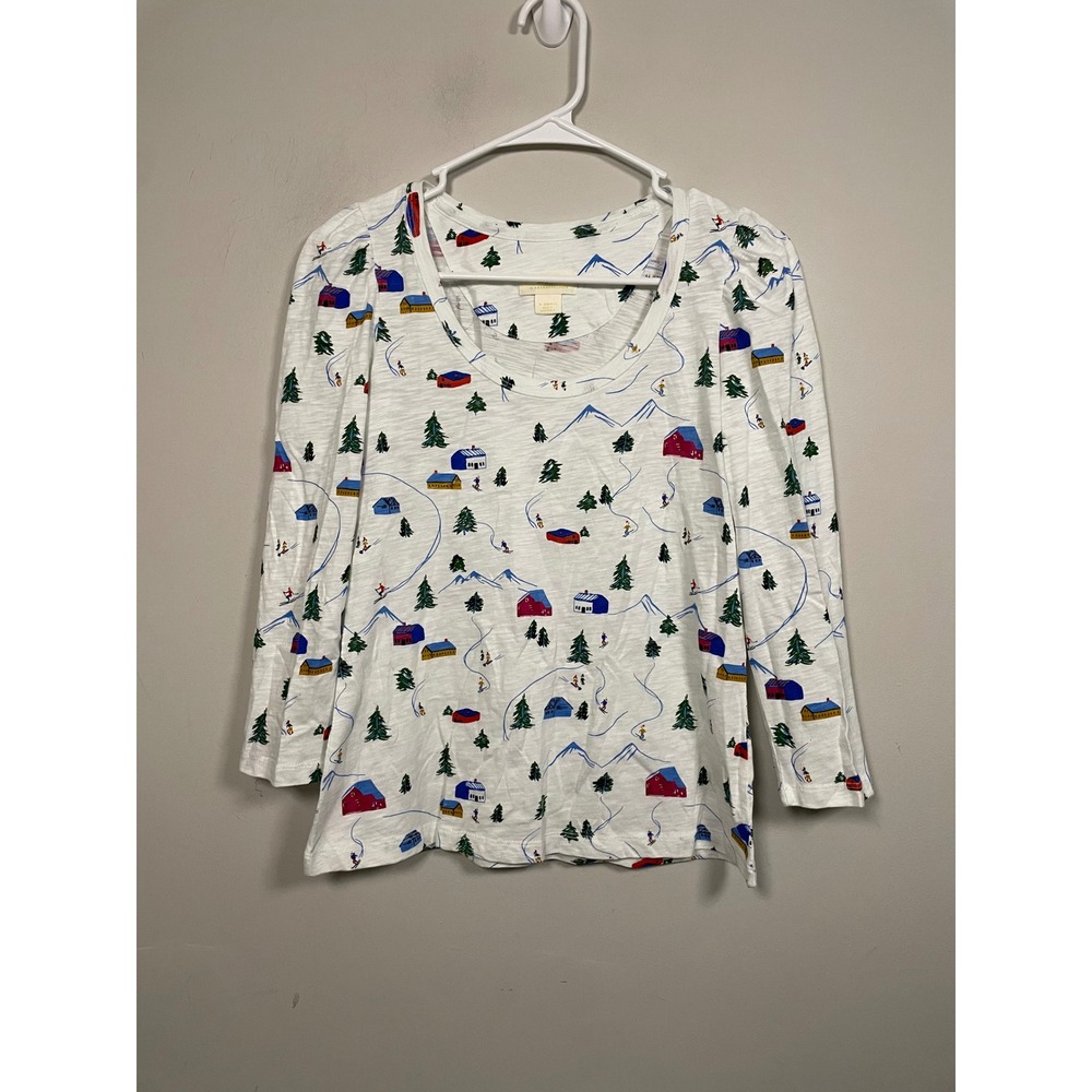 NWT Anthropologie Maeve Audra Cotton Tee in Ski Print Size XS Novelty‎ Winter